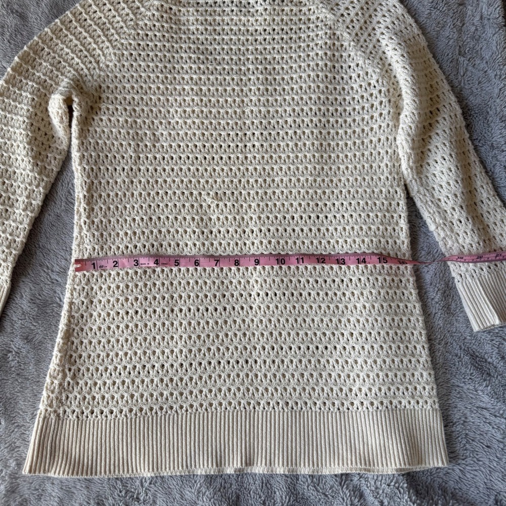 LOFT Women Cream Ivory Open Knit Crochet Sweater 3/4 Sleeve Crew Neck Large Flaw - Picture 9 of 9